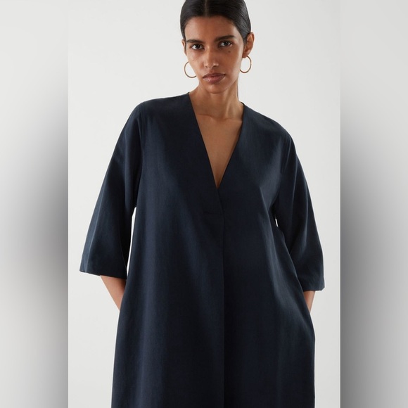 COS Black V-Neck Shirt Tunic Tencel Minimalist Dress with Pockets - Picture 2 of 16
